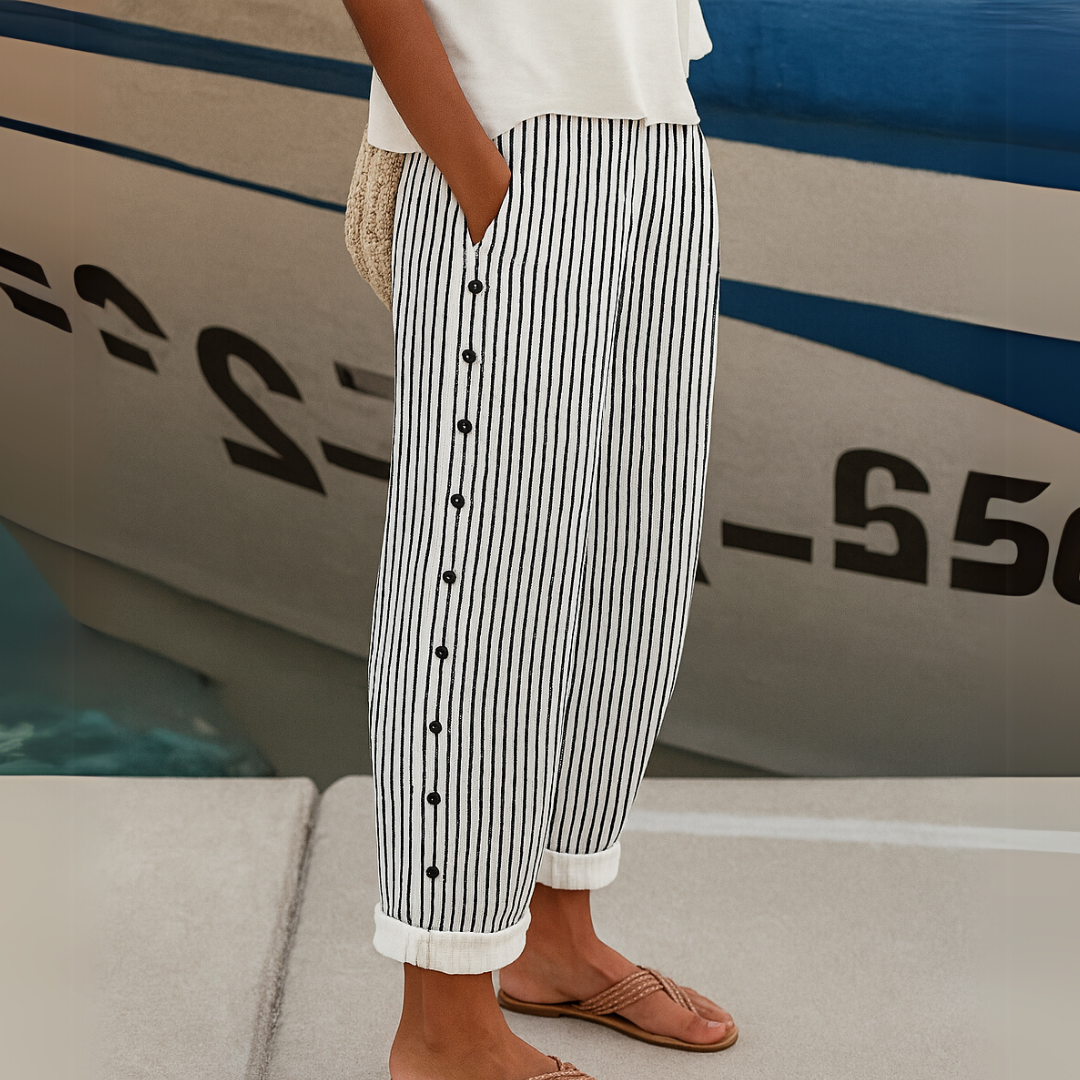 Alina | Striped High-Waisted Button Trousers