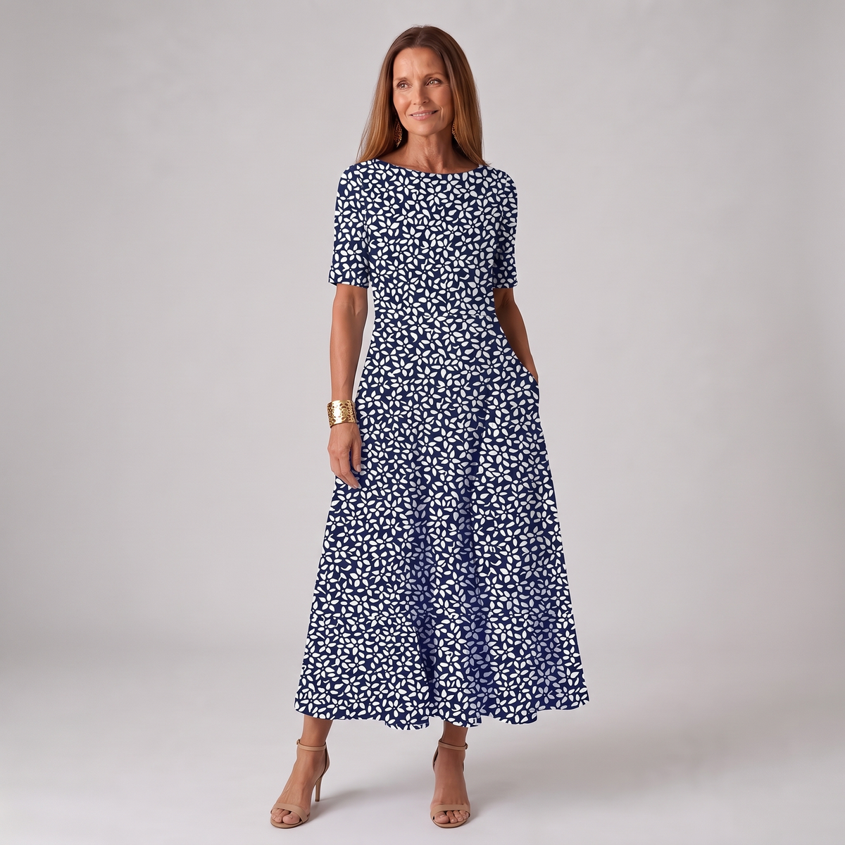 Alina | Women’s Floral Print A-Line Midi Dress with Short Sleeves
