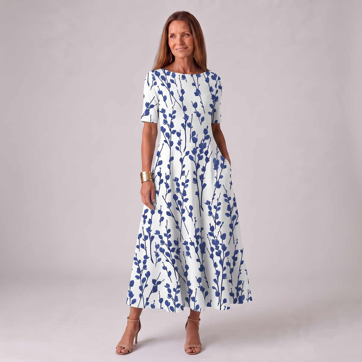 Alina | Women’s Floral Print A-Line Midi Dress with Short Sleeves
