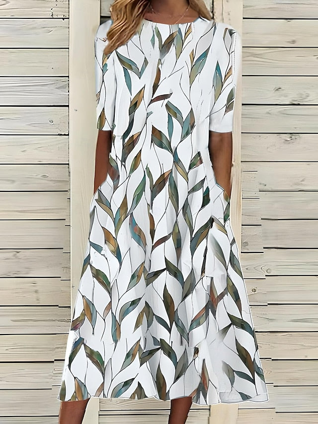 Alina | Women’s Floral Print A-Line Midi Dress with Short Sleeves