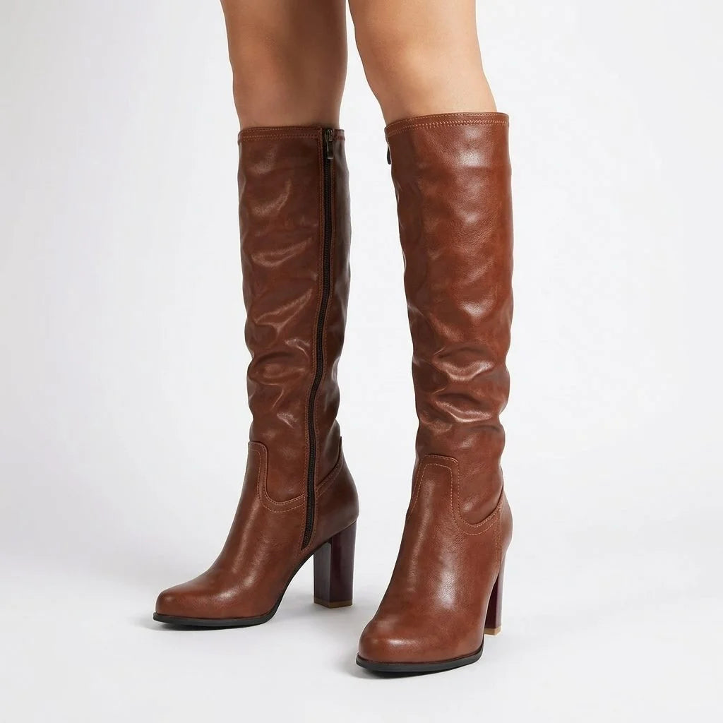 Arla | Women's Knee-High Boots with Round Toe and Chunky Block Heel