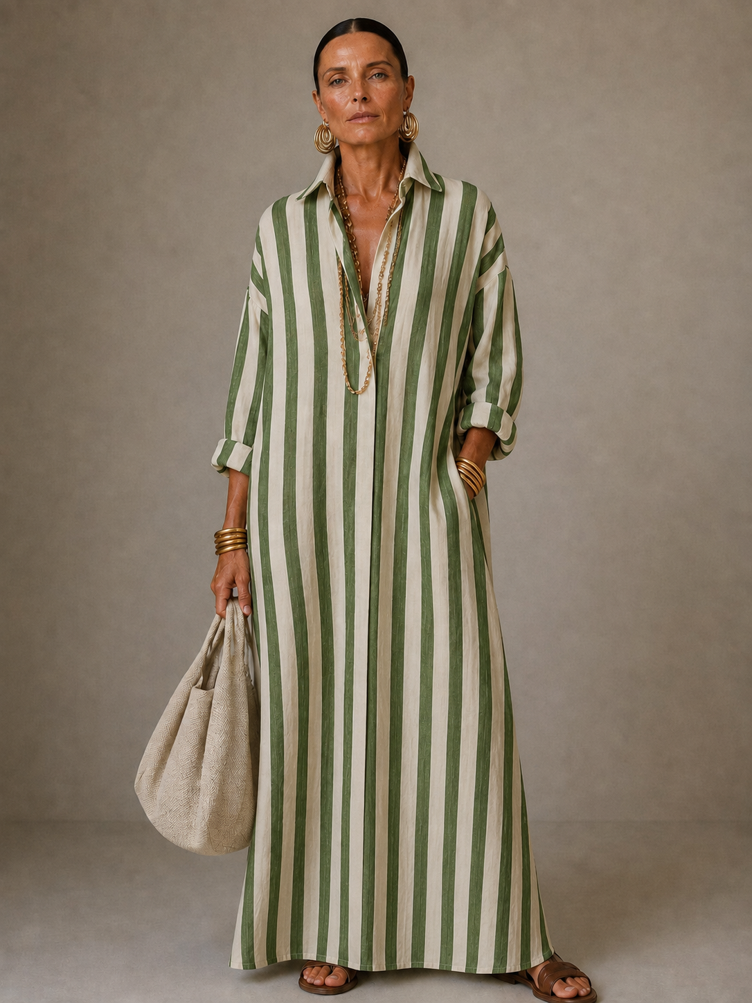 Barbara | Women's Striped Collared Long-Sleeve Maxi Dress