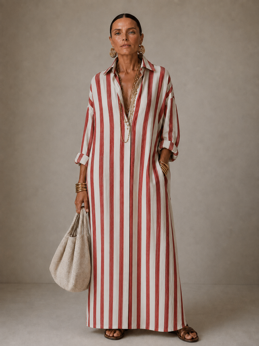 Barbara | Women's Striped Collared Long-Sleeve Maxi Dress