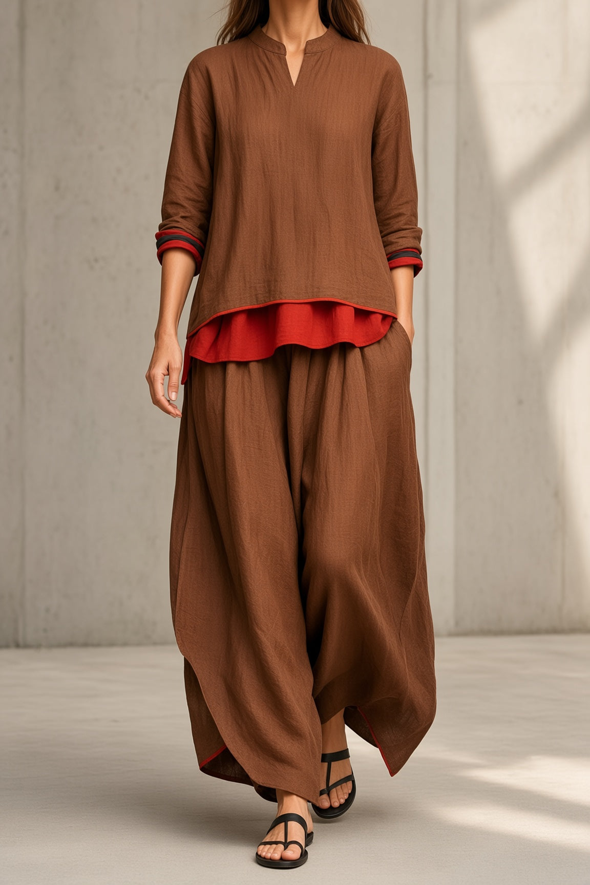 Brenda | Women’s Two-Piece Tunic and Wide-Leg Pants Set with Red Contrast Trim