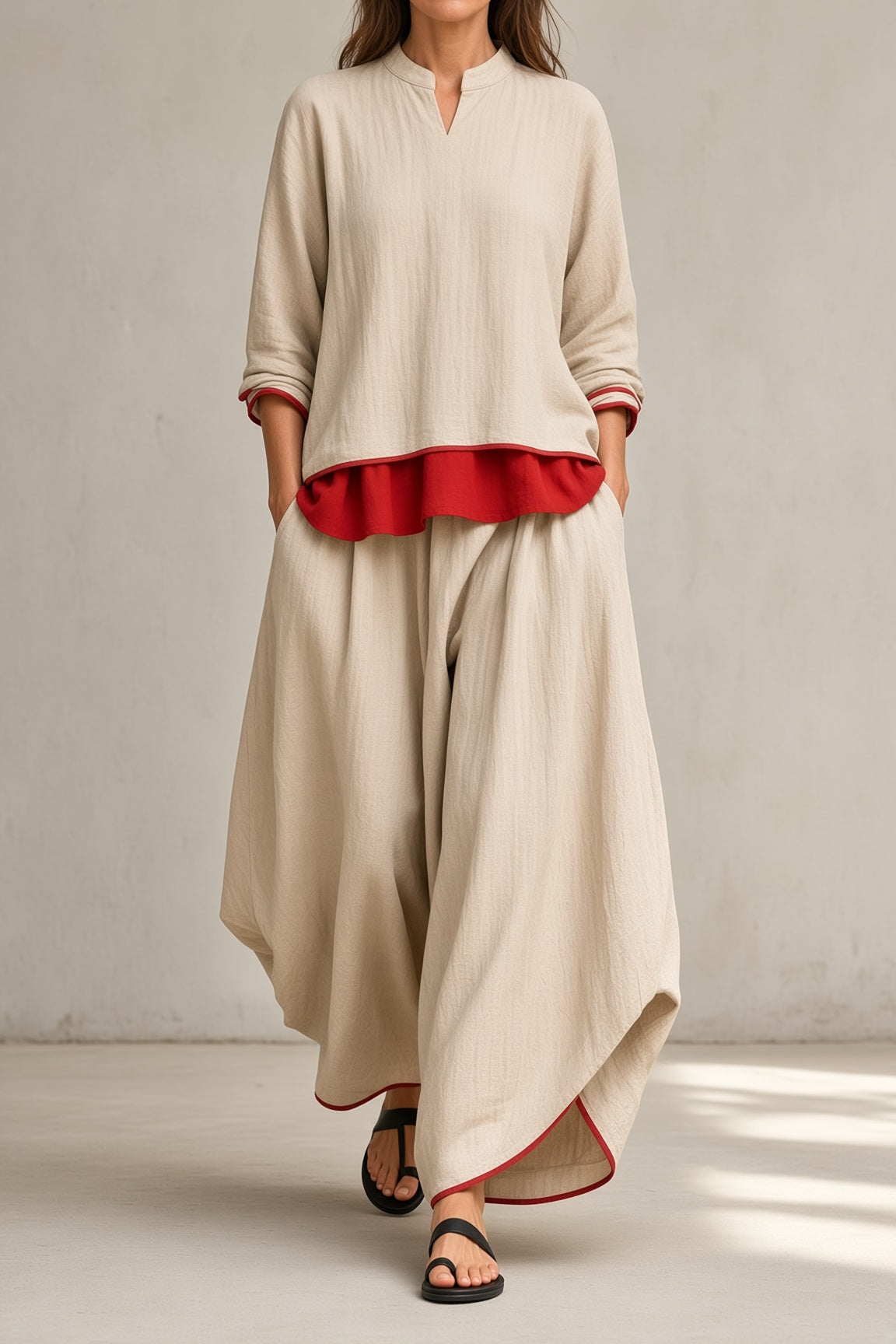 Brenda | Women’s Two-Piece Tunic and Wide-Leg Pants Set with Red Contrast Trim