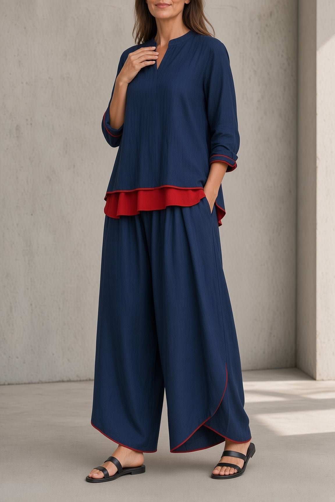 Brenda | Women’s Two-Piece Tunic and Wide-Leg Pants Set with Red Contrast Trim