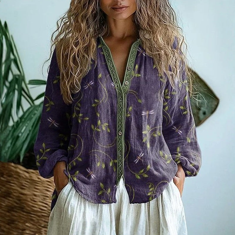 Brooke | Women's Vintage Leaf Print Button-Down Shirt