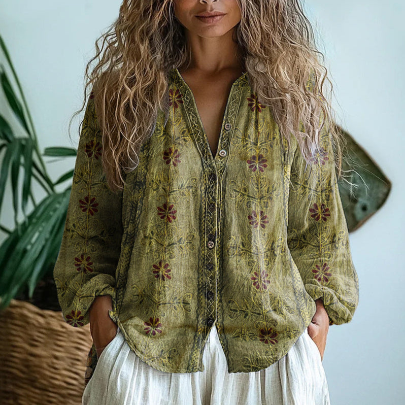 Brooke | Women's Vintage Leaf Print Button-Down Shirt