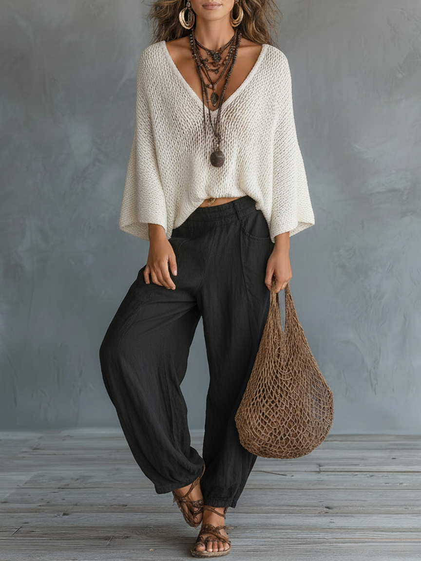 Calverine | Women's Two-Piece Set with V-Neck Top and Wide-Leg Trousers