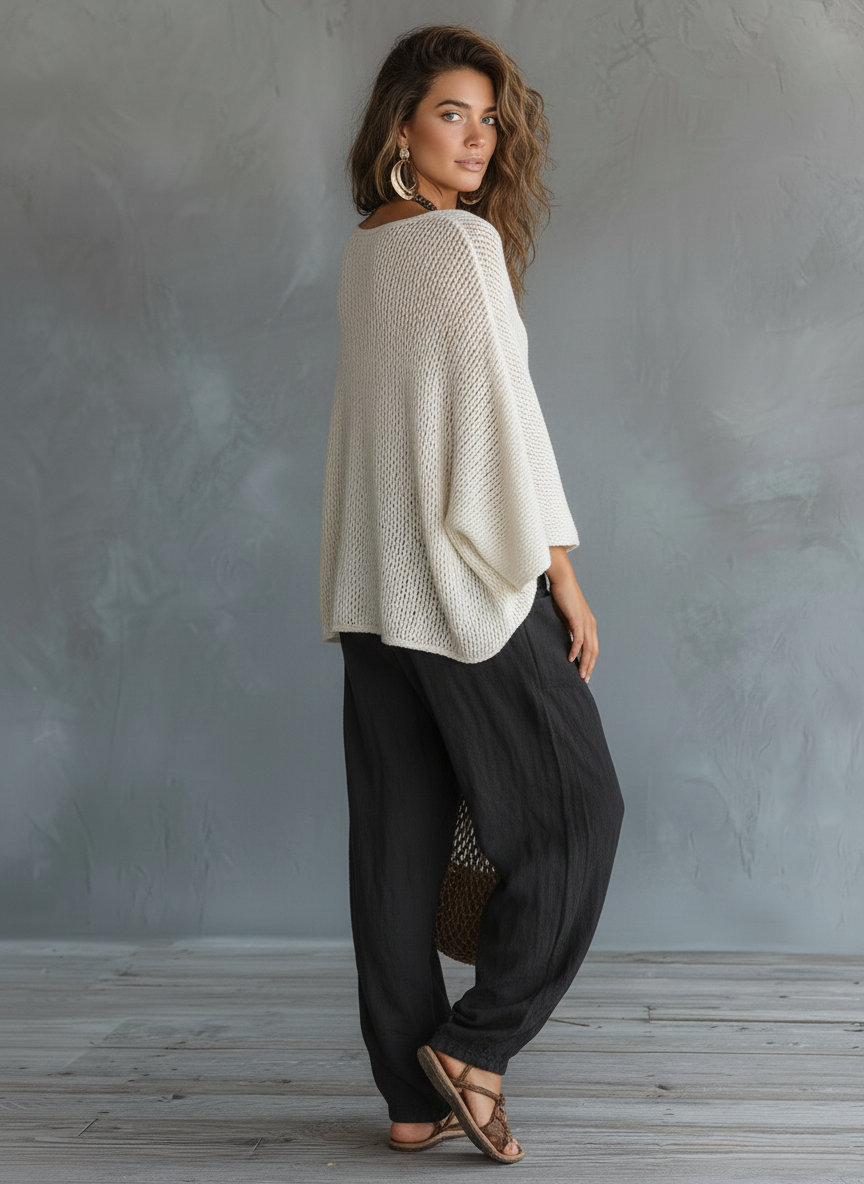 Calverine | Women's Two-Piece Set with V-Neck Top and Wide-Leg Trousers