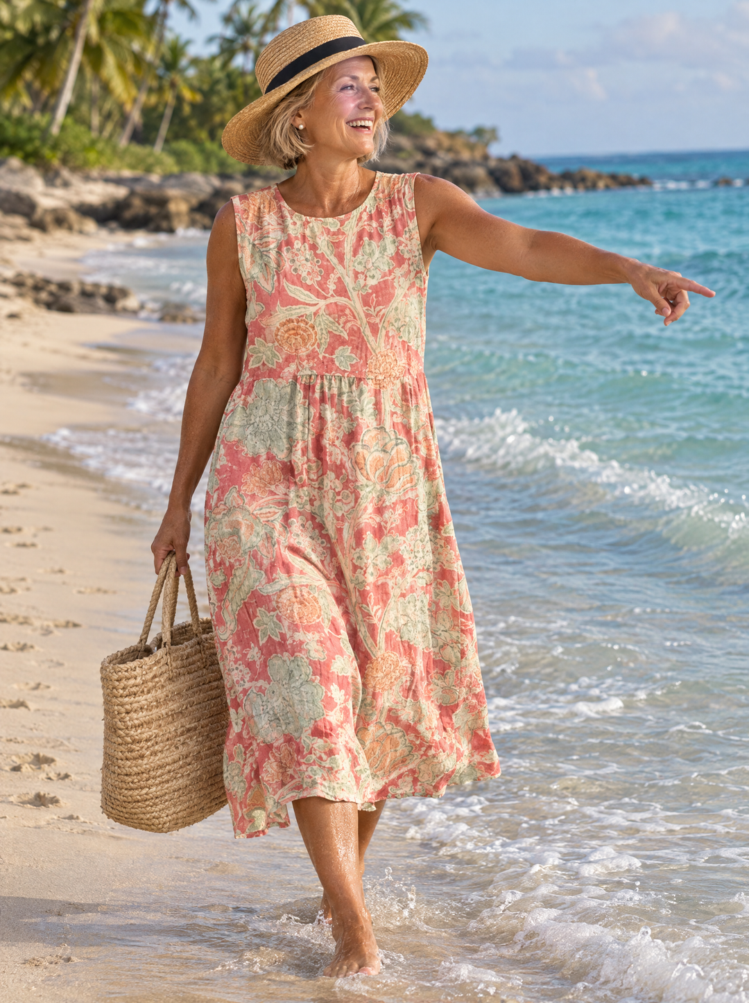 Camille | Women's Coral Floral Print Midi Dress