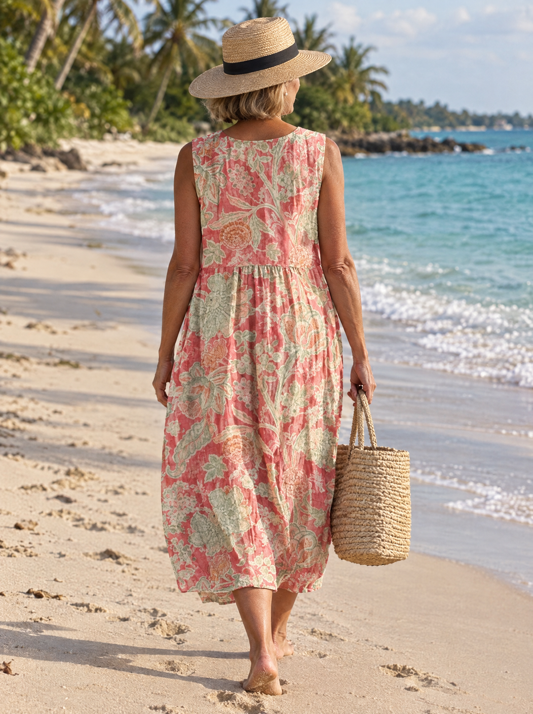 Camille | Women's Coral Floral Print Midi Dress