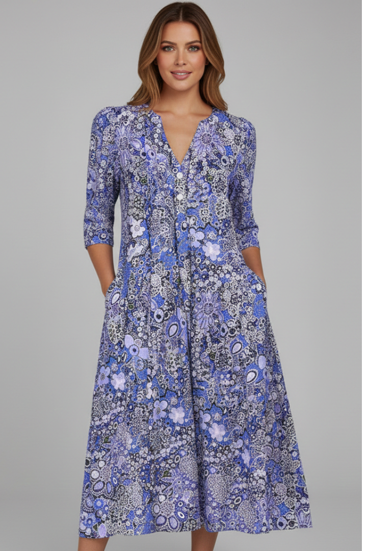 Cheska | Women's Printed V-Neck Midi Dress With Three-Quarter Sleeves