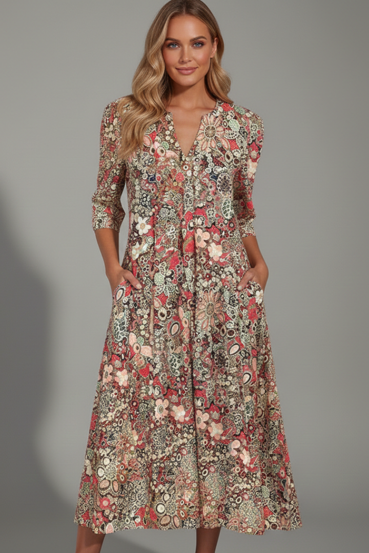 Cheska | Women's Printed V-Neck Midi Dress With Three-Quarter Sleeves