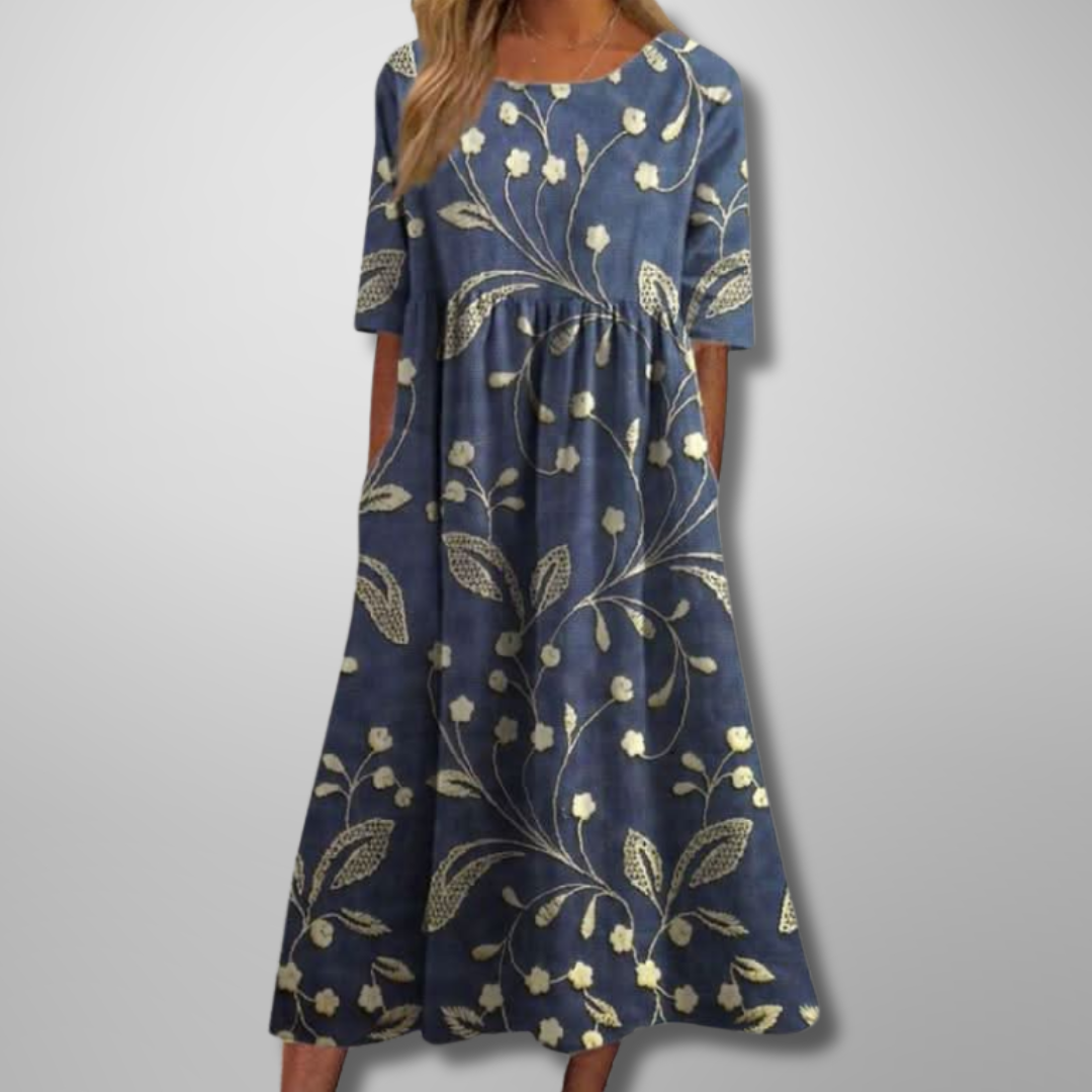 Christa | Women’s Botanical Print Midi Dress with Short Sleeves
