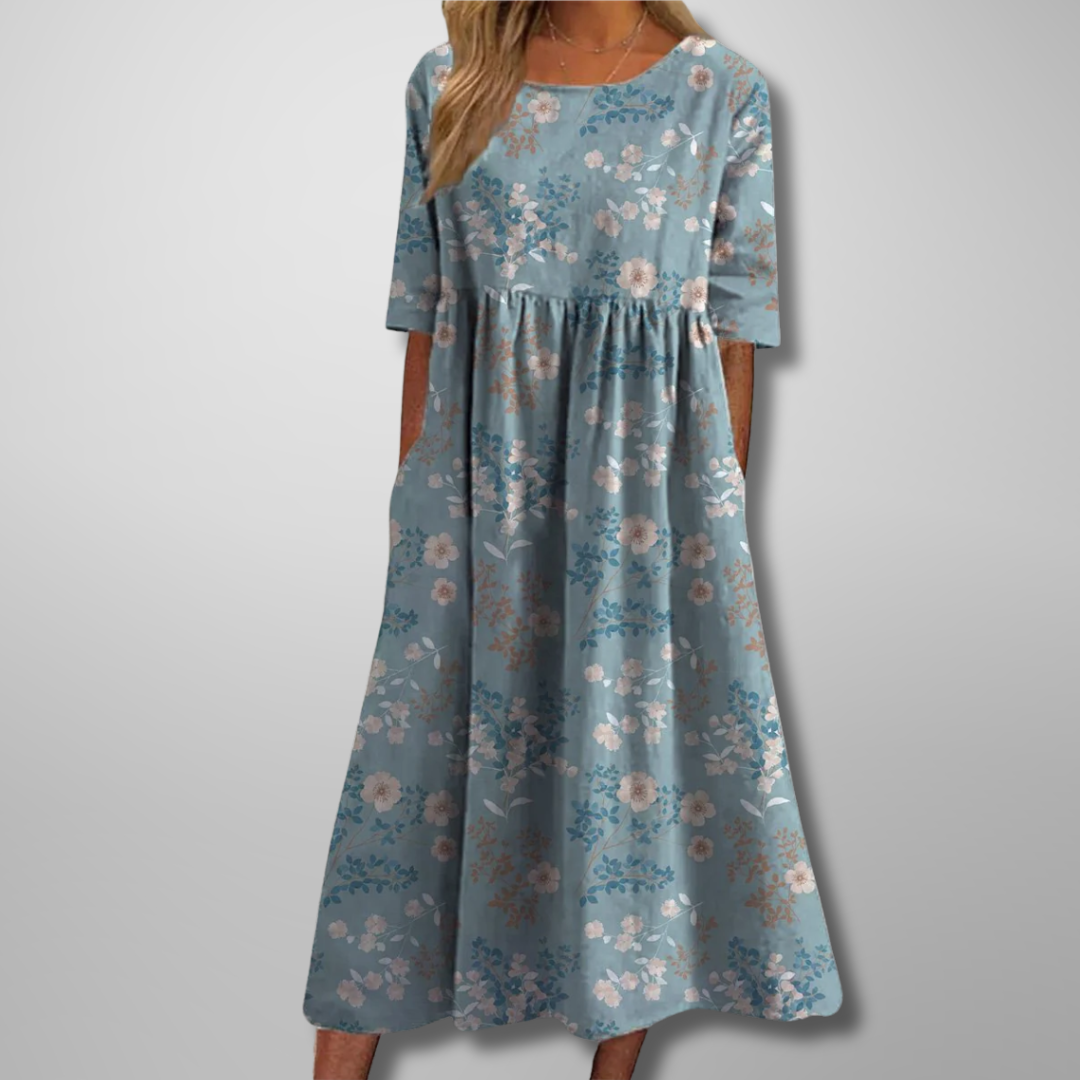 Christa | Women’s Botanical Print Midi Dress with Short Sleeves