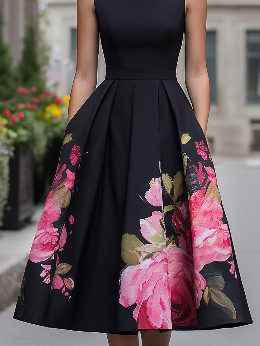 Clarissa | Women’s Black Floral A-Line Midi Dress with Boat Neck