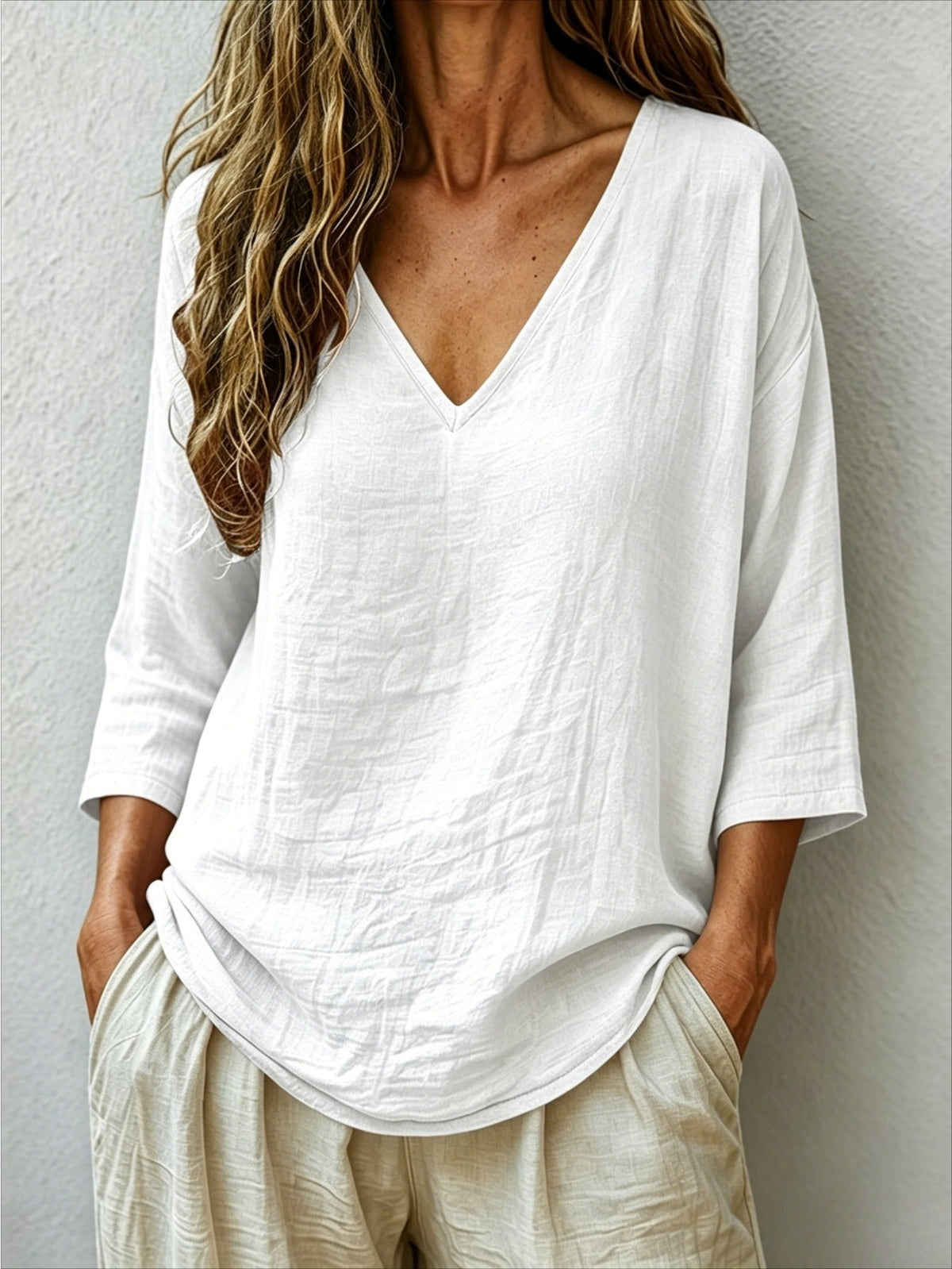 Claudia | Women's Oversized V-Neck Three-Quarter Sleeve Blouse