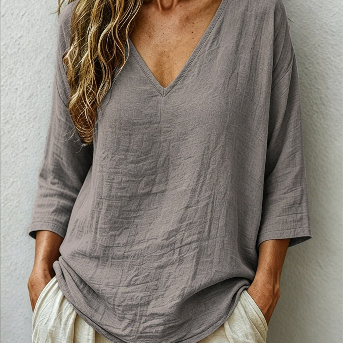 Claudia | Women's Oversized V-Neck Three-Quarter Sleeve Blouse