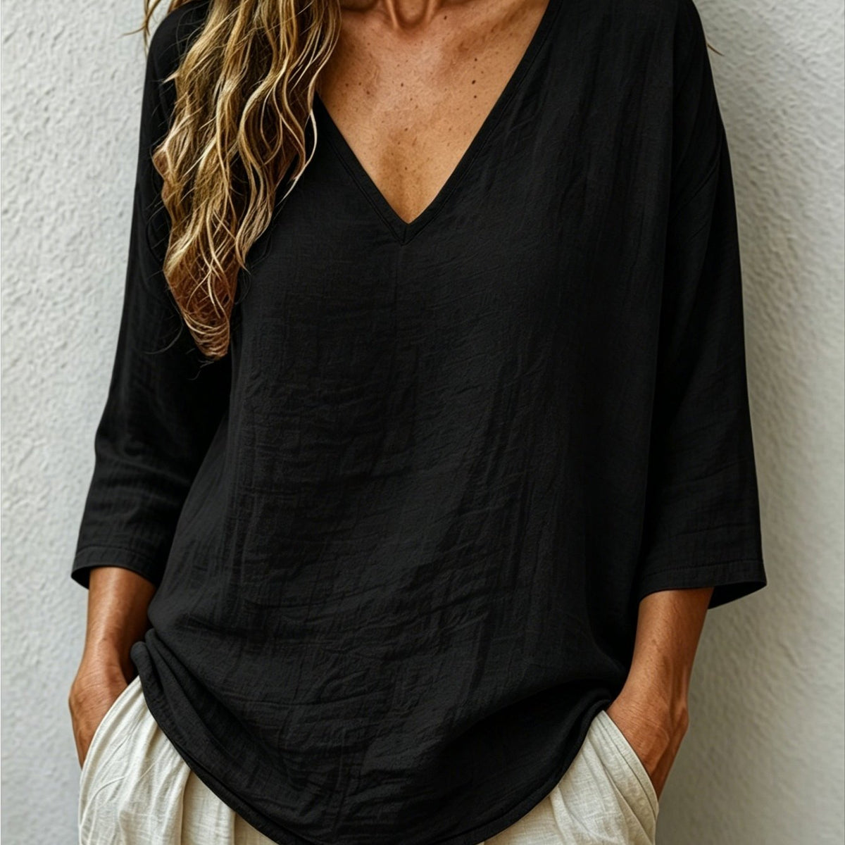 Claudia | Women's Oversized V-Neck Three-Quarter Sleeve Blouse
