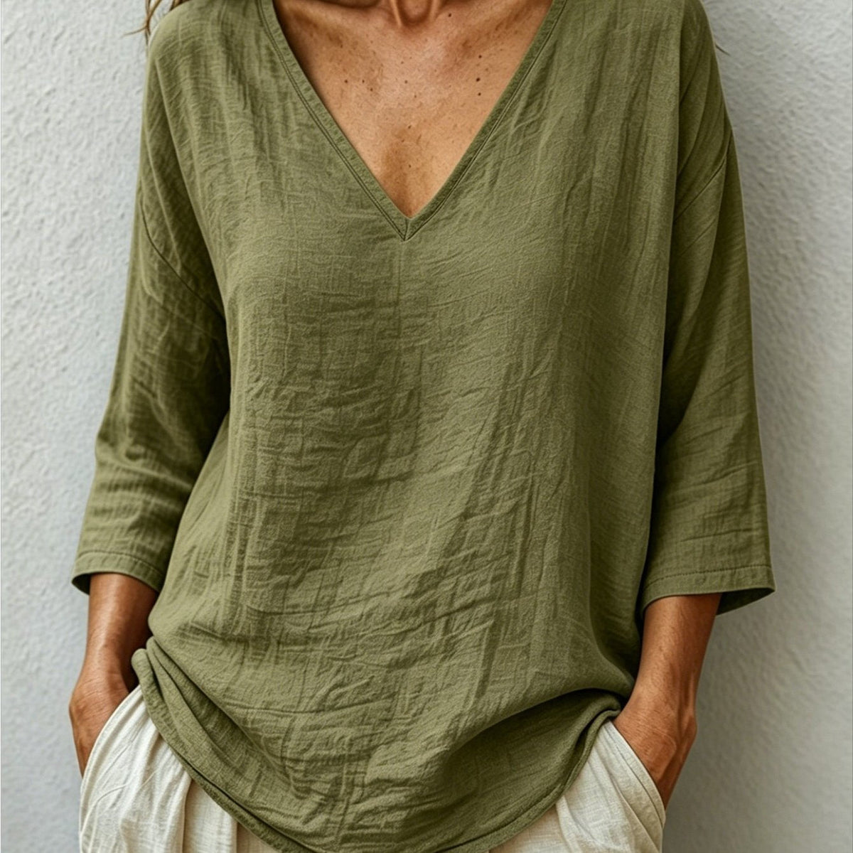 Claudia | Women's Oversized V-Neck Three-Quarter Sleeve Blouse