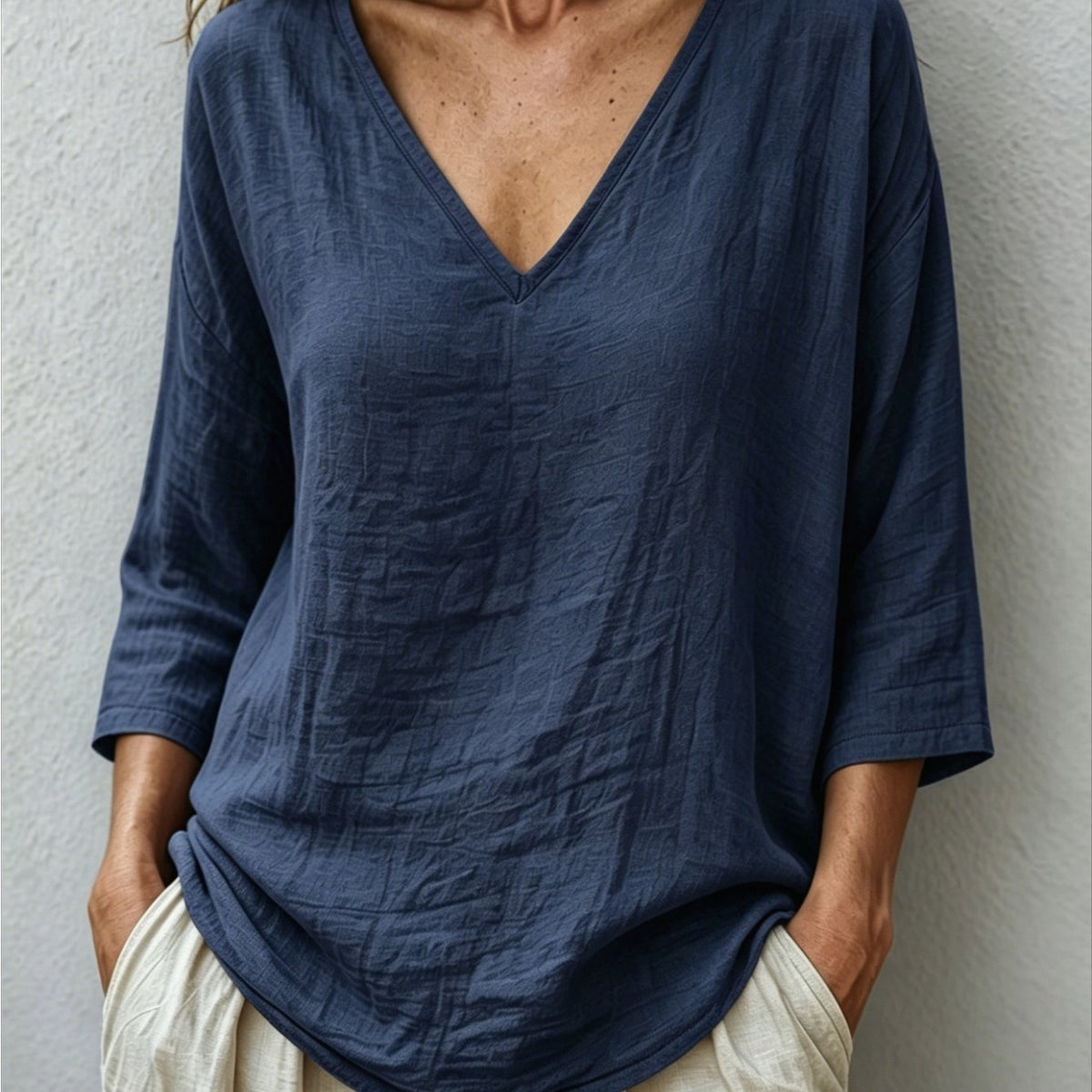 Claudia | Women's Oversized V-Neck Three-Quarter Sleeve Blouse
