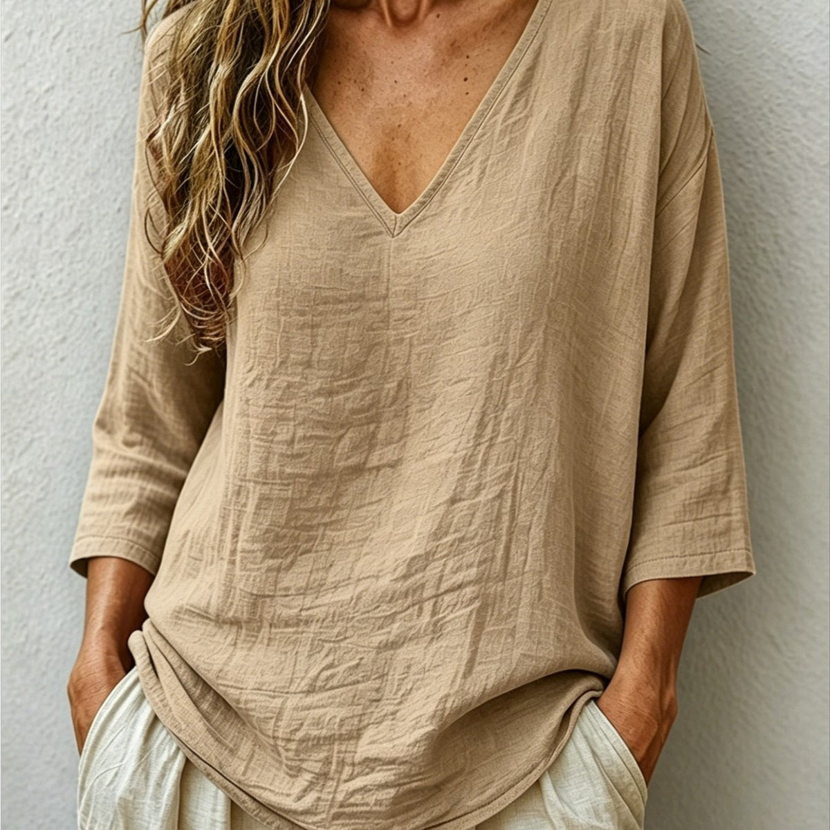Claudia | Women's Oversized V-Neck Three-Quarter Sleeve Blouse