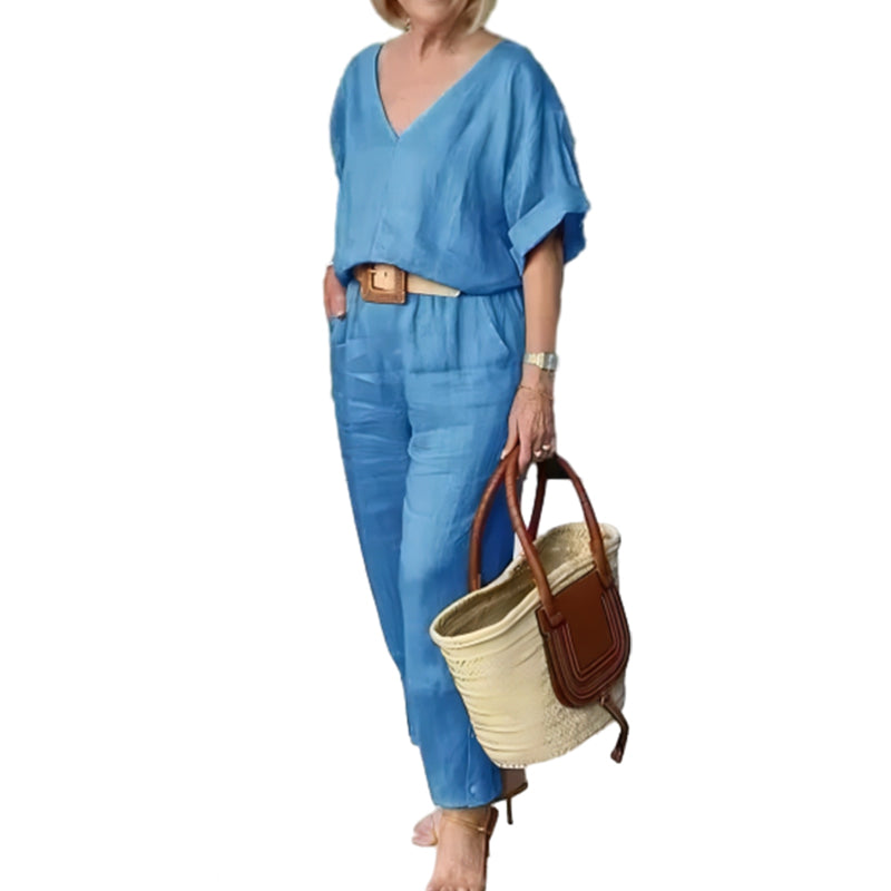 Corazon | Women's V-Neck Two-Piece Set With Straight-Leg Pants