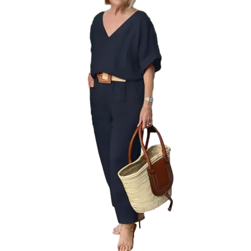 Corazon | Women's V-Neck Two-Piece Set With Straight-Leg Pants