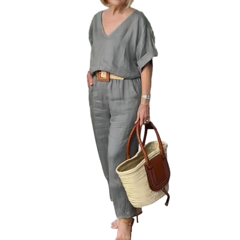 Corazon | Women's V-Neck Two-Piece Set With Straight-Leg Pants