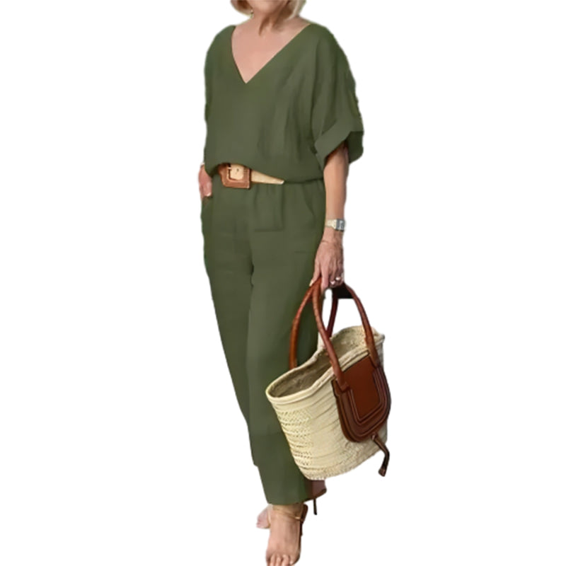 Corazon | Women's V-Neck Two-Piece Set With Straight-Leg Pants