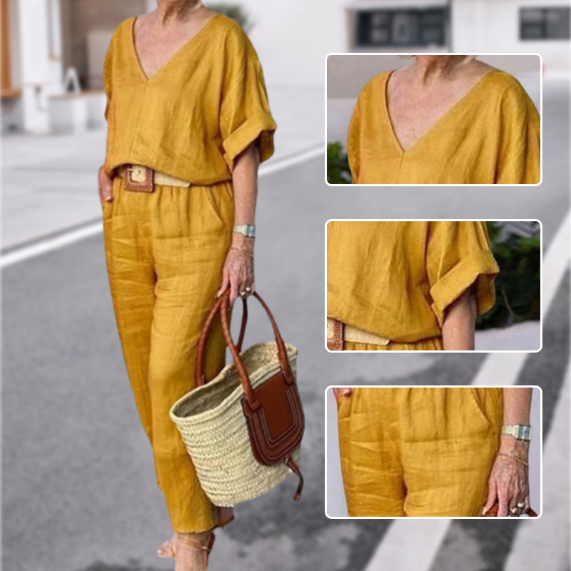 Corazon | Women's V-Neck Two-Piece Set With Straight-Leg Pants