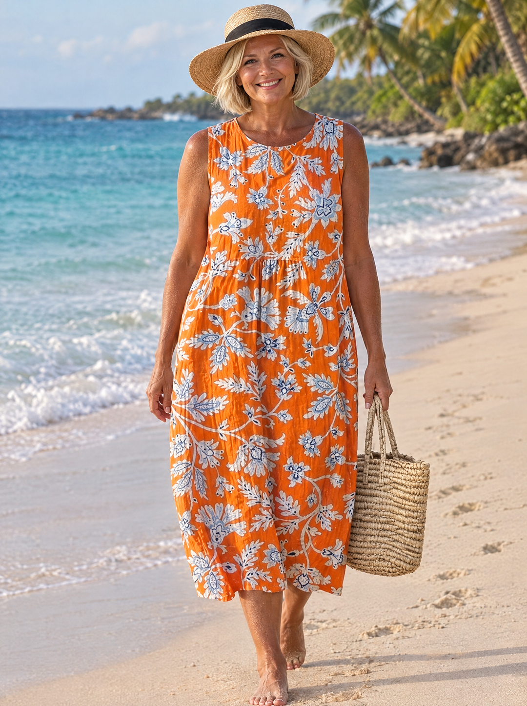Dahlia | Women's Orange Floral Print Midi Dress