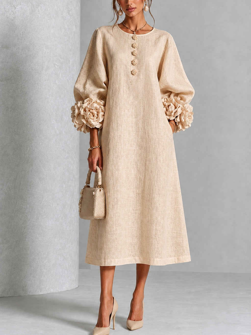 Daphne | Women's Rosette Cuff Button-Front Midi Dress