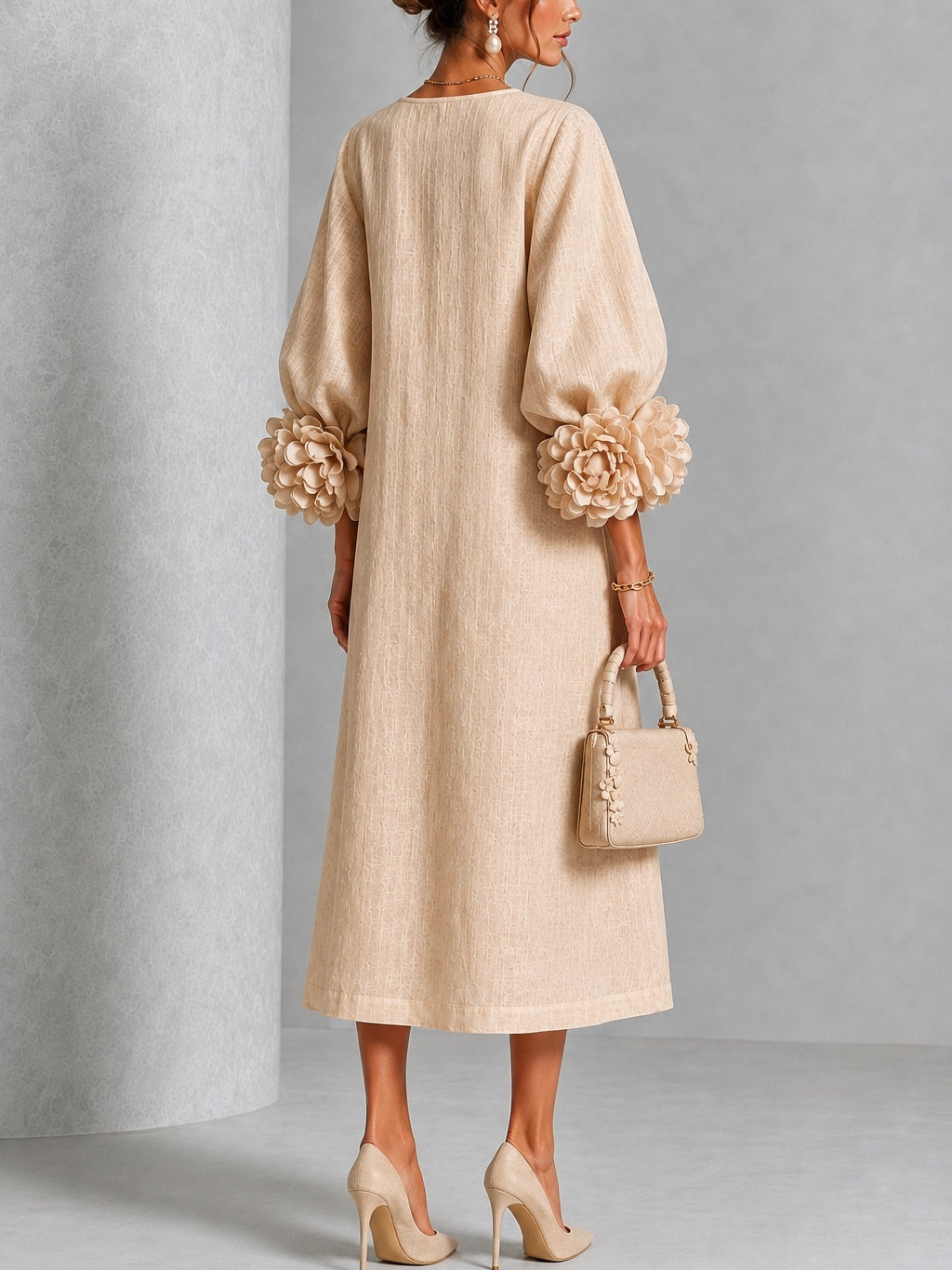 Daphne | Women's Rosette Cuff Button-Front Midi Dress