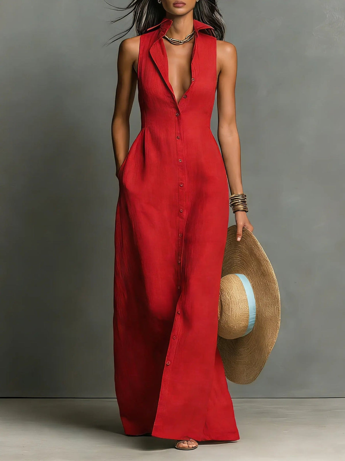 Diana | Women's Sleeveless Collared Button-Front Maxi Dress