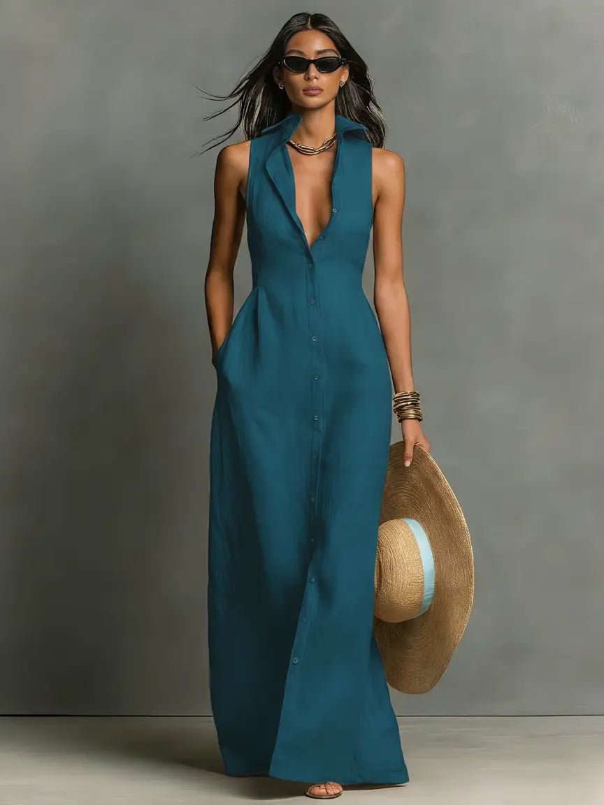 Diana | Women's Sleeveless Collared Button-Front Maxi Dress