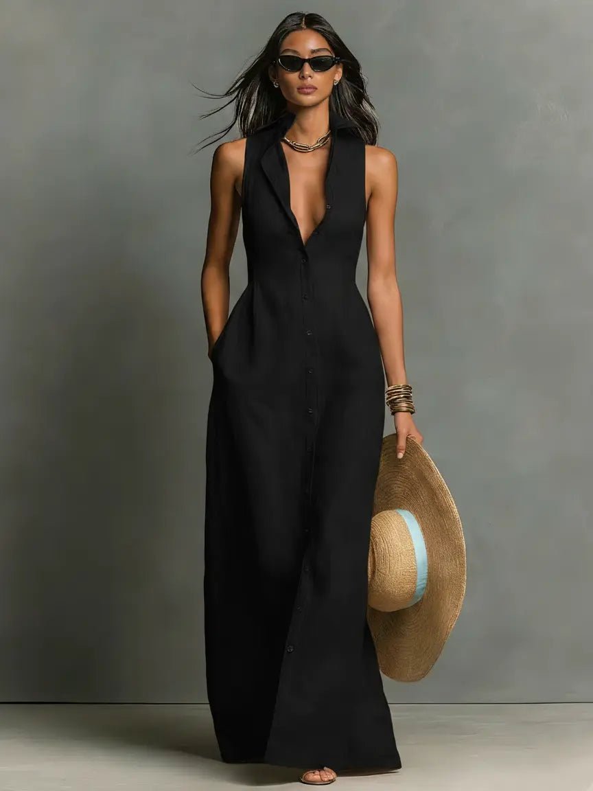 Diana | Women's Sleeveless Collared Button-Front Maxi Dress