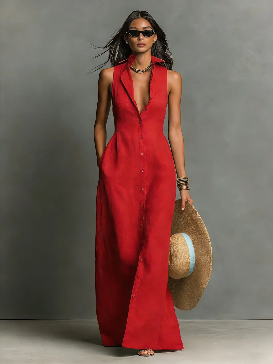 Diana | Women's Sleeveless Collared Button-Front Maxi Dress
