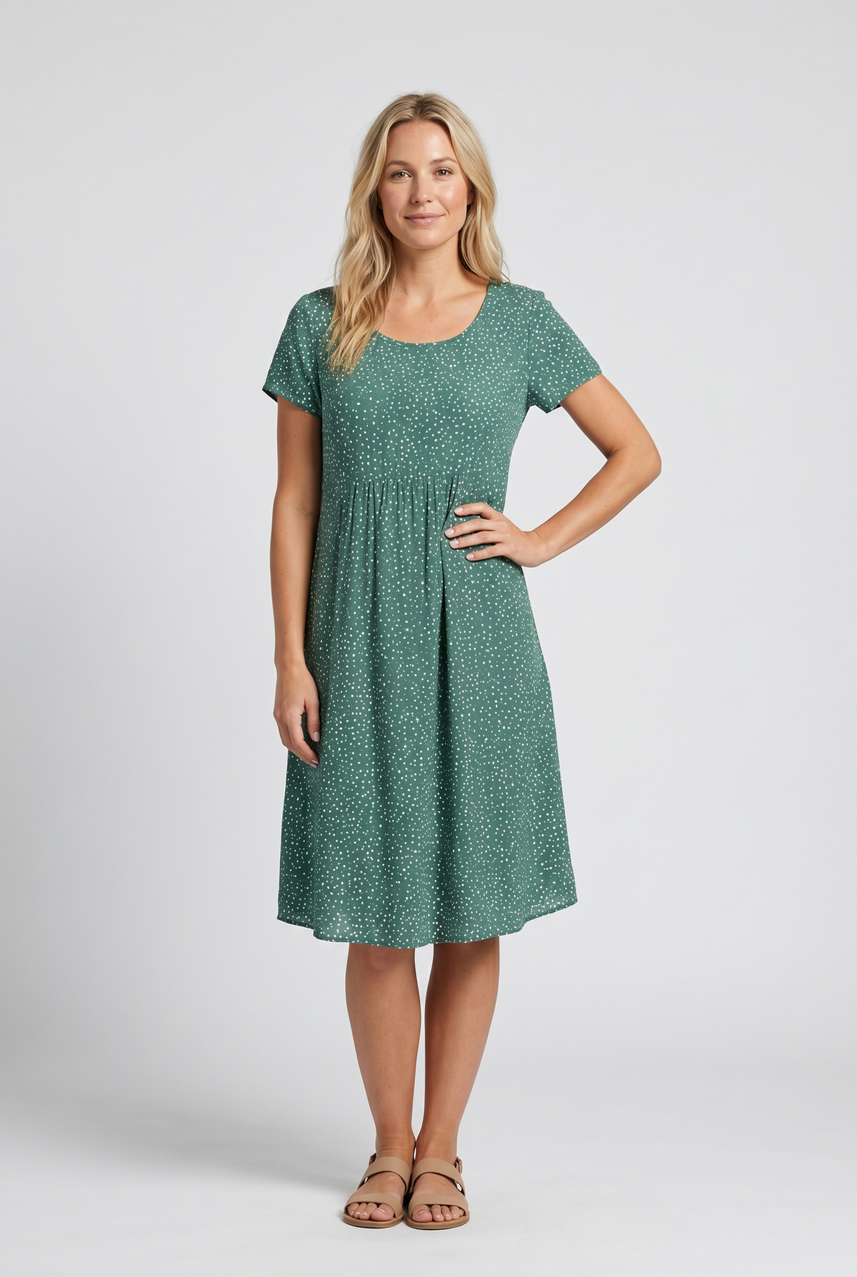 Elena | Women’s Short-Sleeve A-Line Midi Dress with V-Neckline