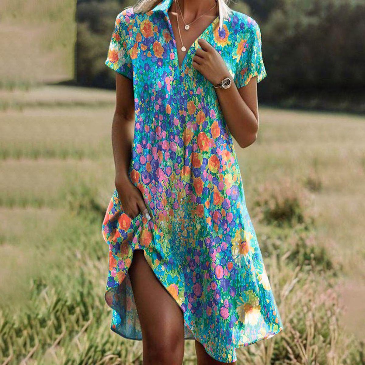 Elena | Women’s Short-Sleeve A-Line Midi Dress with V-Neckline