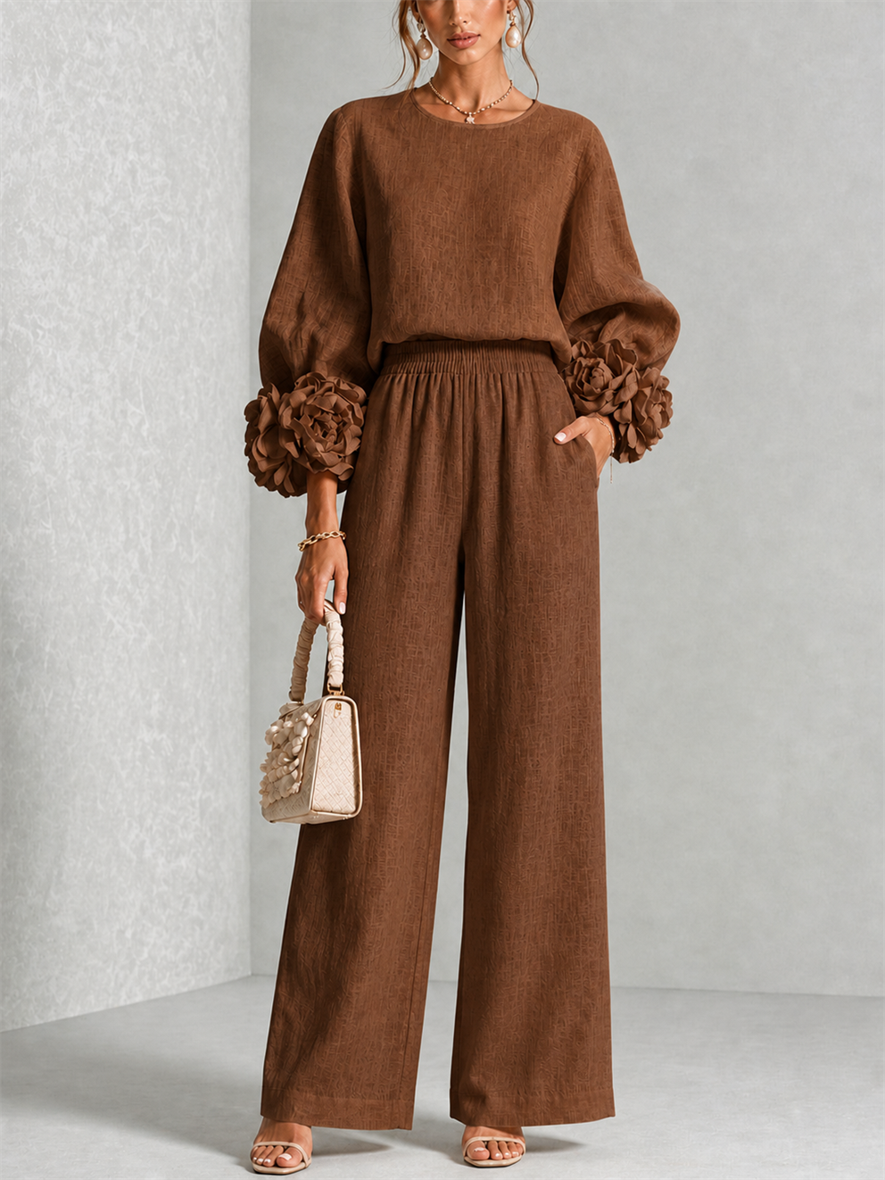 Elodie | Women's Floral Cuff Top and Wide-Leg Trouser Set