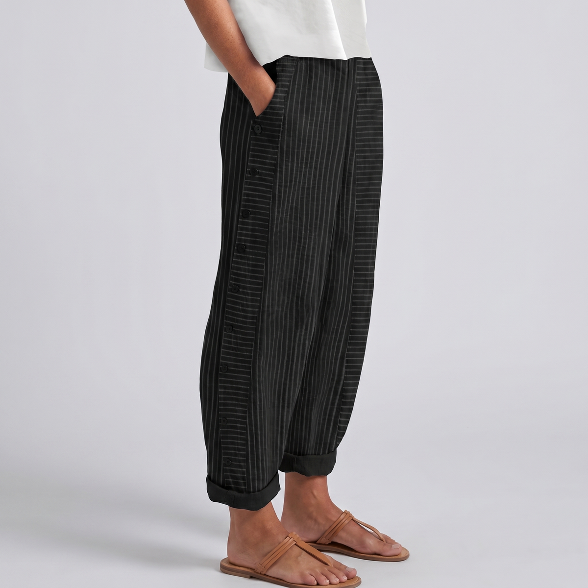 Elodie | Women's Pinstripe Trousers with Side Button Panel