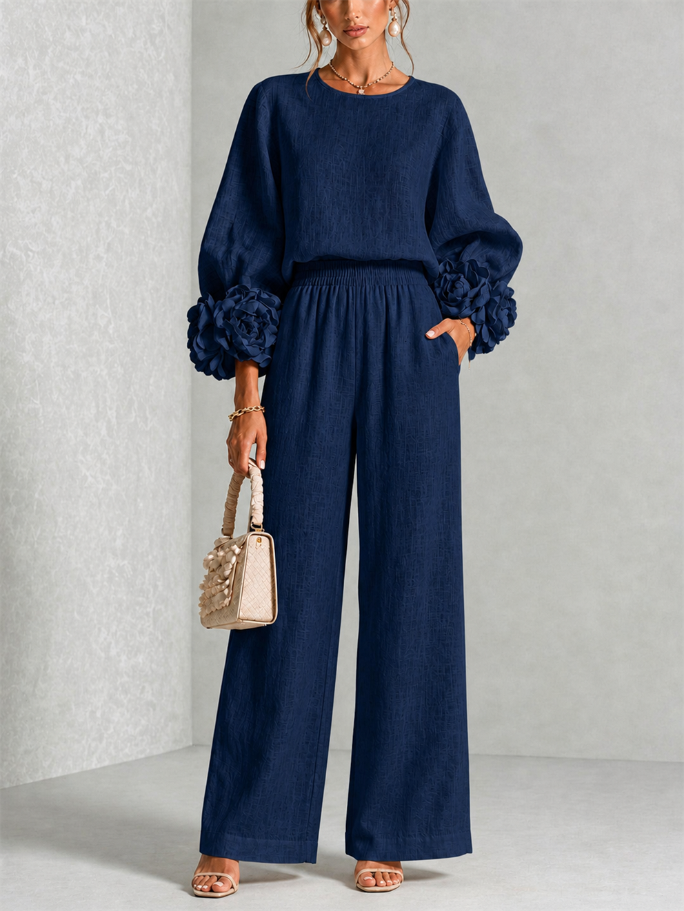 Elodie | Women's Floral Cuff Top and Wide-Leg Trouser Set