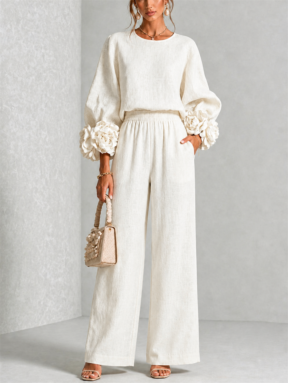 Elodie | Women's Floral Cuff Top and Wide-Leg Trouser Set
