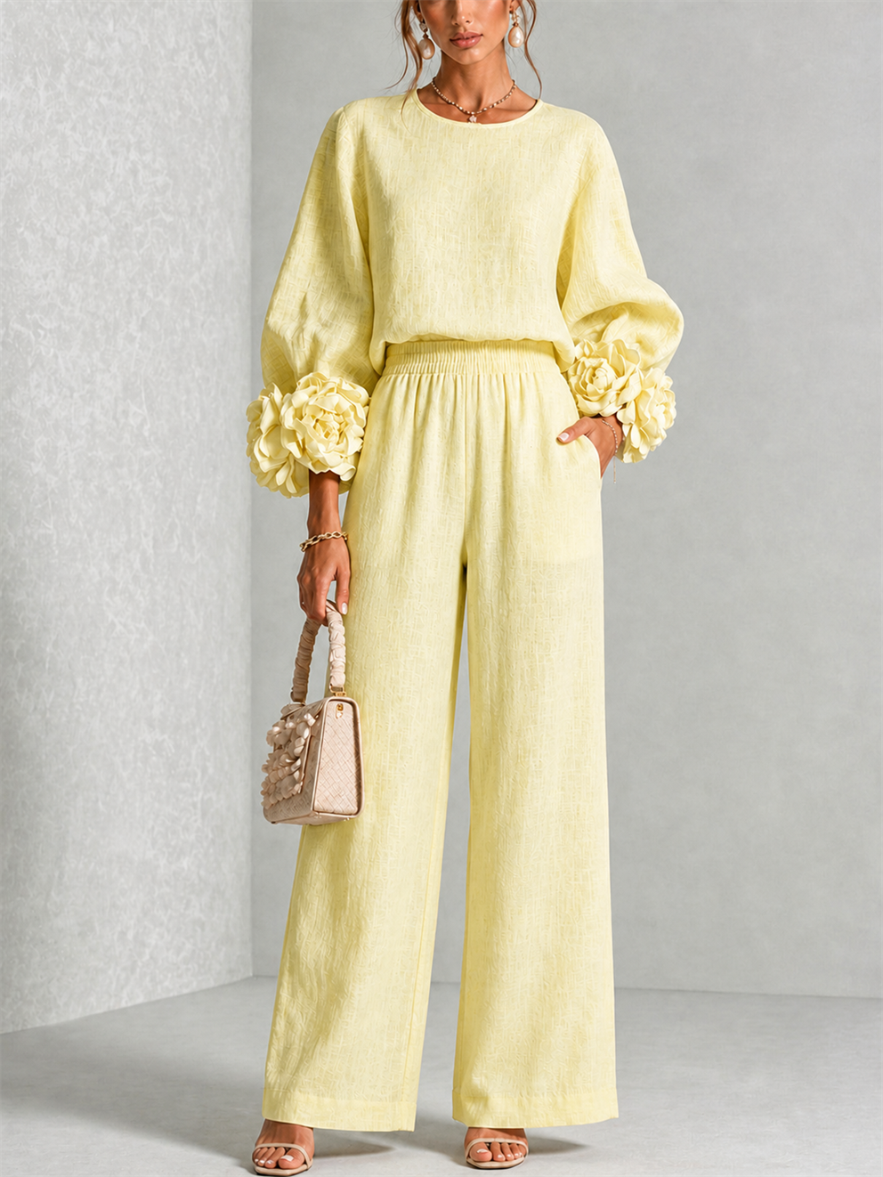 Elodie | Women's Floral Cuff Top and Wide-Leg Trouser Set