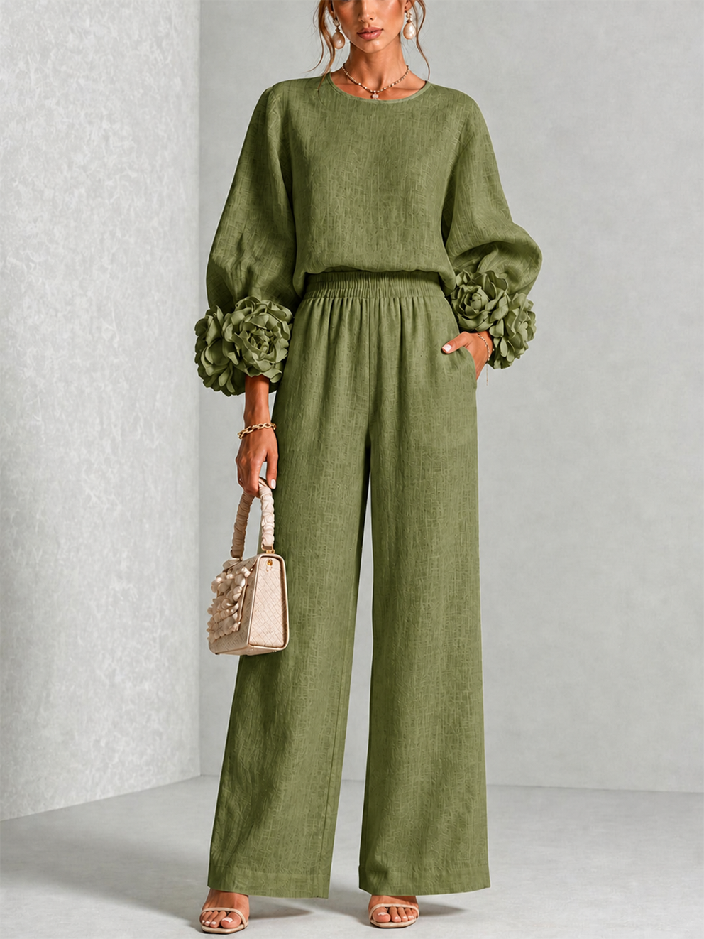 Elodie | Women's Floral Cuff Top and Wide-Leg Trouser Set