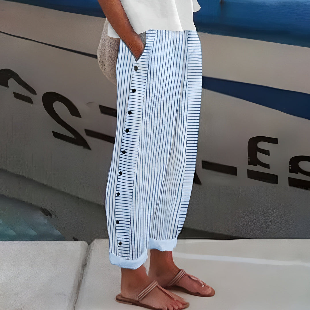 Elodie | Women's Pinstripe Trousers with Side Button Panel
