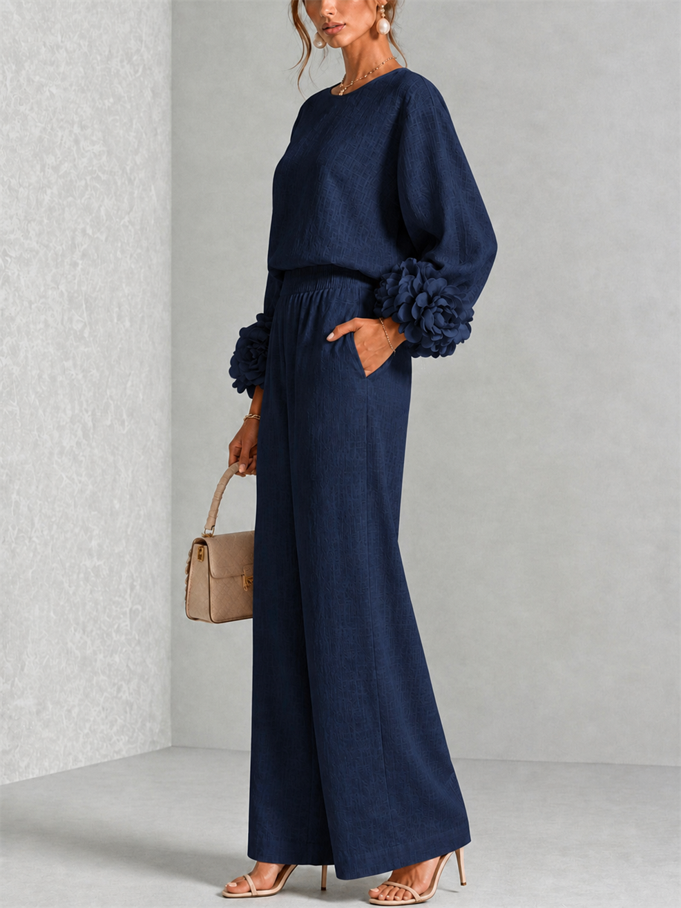 Elodie | Women's Floral Cuff Top and Wide-Leg Trouser Set