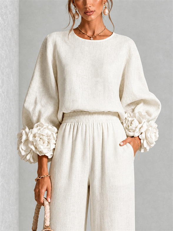 Elodie | Women's Floral Cuff Top and Wide-Leg Trouser Set